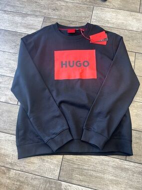 HUGO Men's Black Crewneck Sweatshirt with Red Logo XXL NWT